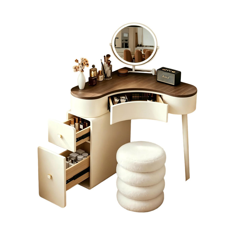 Table de coiffeuse de coin Mid-Century en bois massif avec armoire à tiroirs et tabouret rond