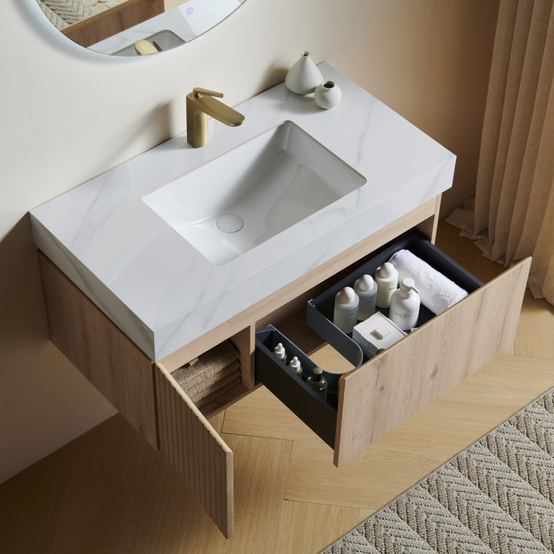 Meuble-lavabo simple en contreplaqué et en bois massif, Chêne blanc, 36", Blanc de Carrare