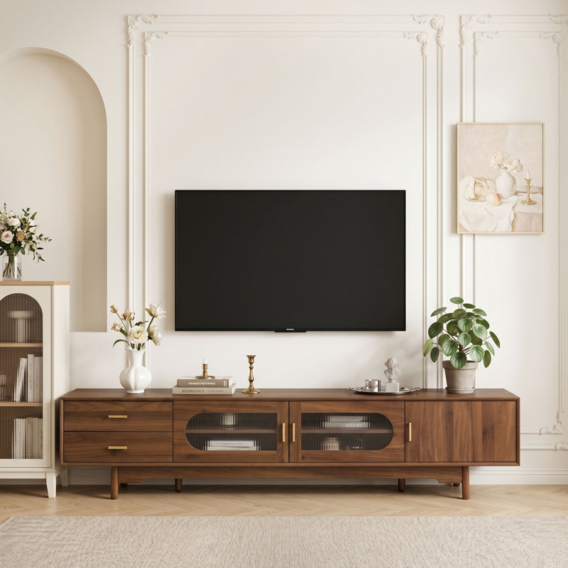 Meuble télé en bois avec 2 tiroirs, 3 armoires et portes