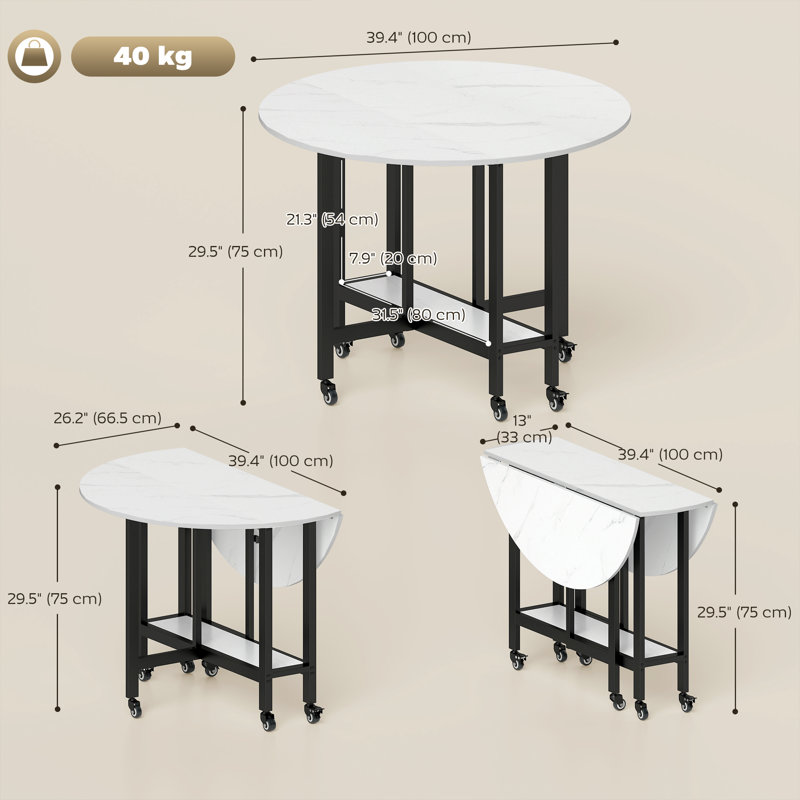 Table de salle à manger pliante, table à abattants avec tablette ouverte, marbre blanc