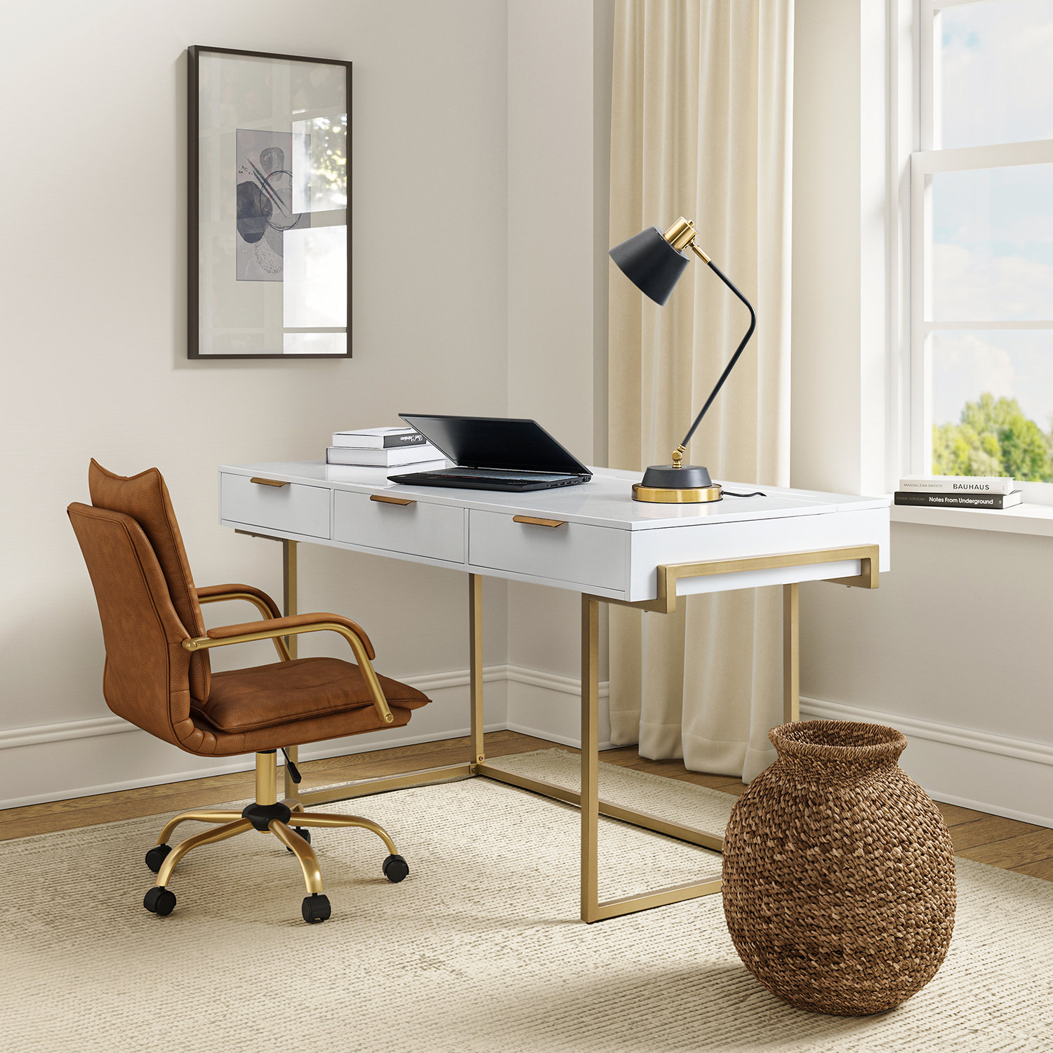 Everly Quinn 41 in Computer Desk With Two Drawers, White and Gold Modern  Study Writing Desk & Reviews