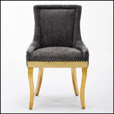 Chenille Dining Chairs, Modern Style with Curved Gold-Plated Legs & Rivet Trim, Upholstered Comfort for Dining/Lounge, Set of 2