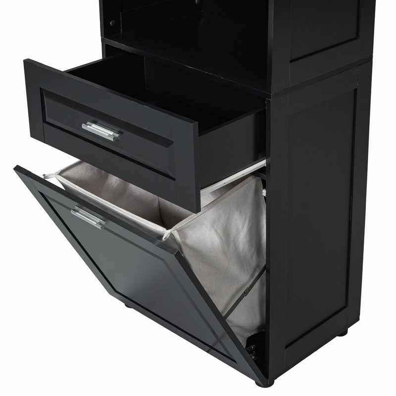 Tall Bathroom Cabinet With Laundry Basket, Large Storage Space Tilt-Out Laundry Hamper And Upper Storage Cabinet, Black