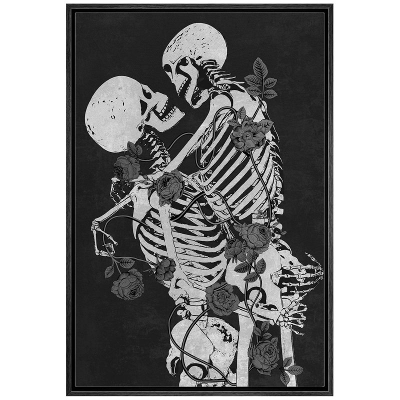 «Skeleton Kiss», gothique Moody foncé, œuvre d'art moderne, décor, Cadre flottant noir, H 24 po x l 16 po