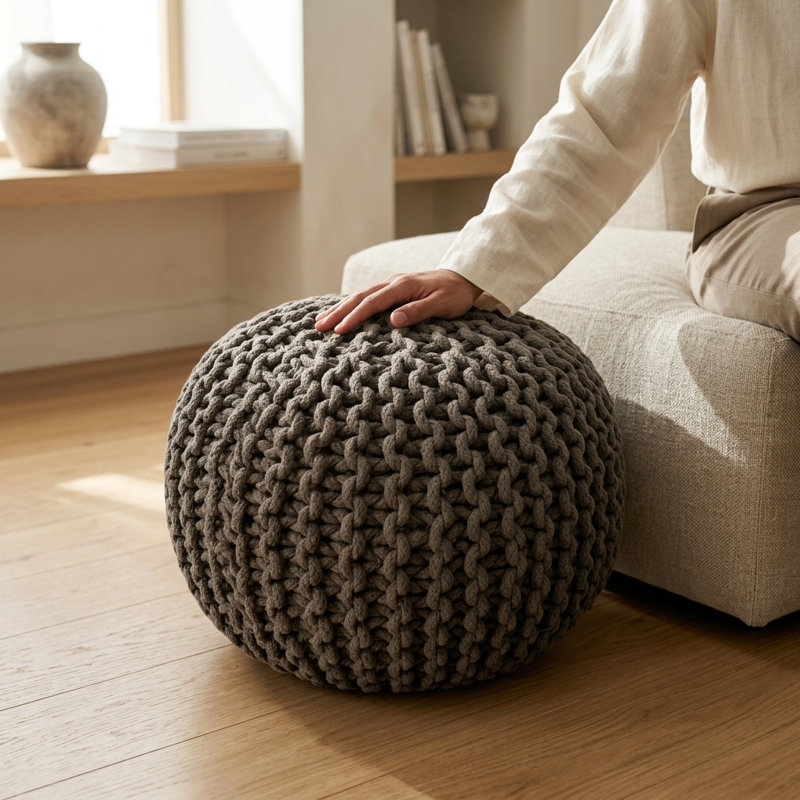 Miya Greenish Gray Knitted Pouf