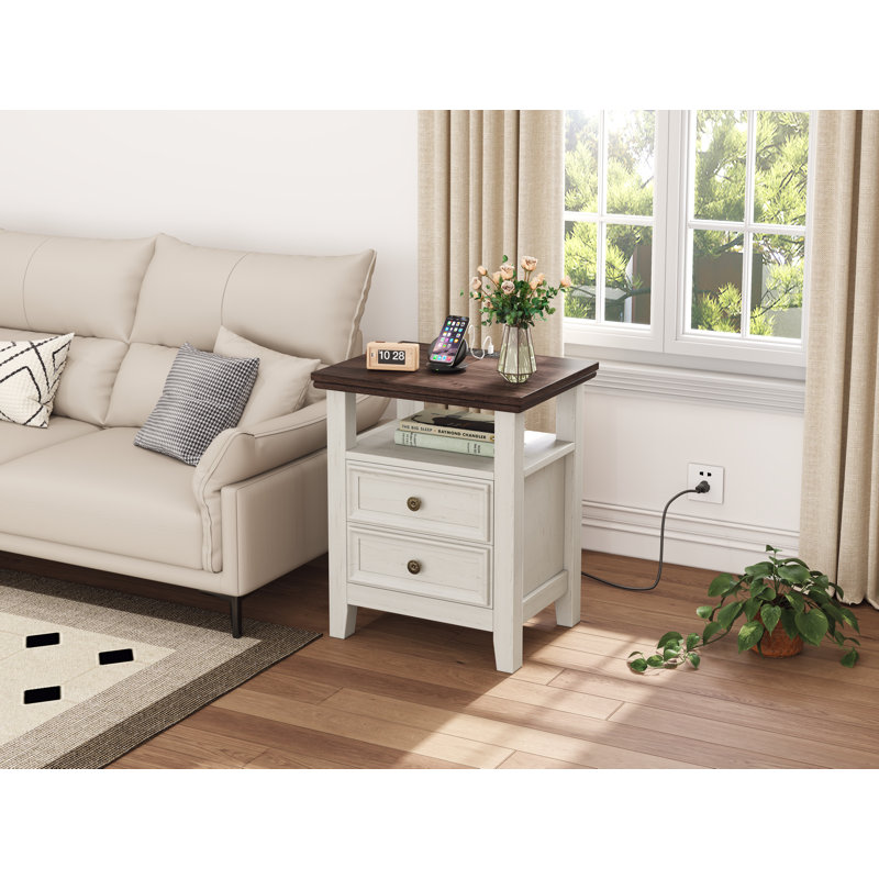 Farmhouse Nightstand With 2 Drawers Wood Besides Table With Charging Station End Table For Bedroom, Living Room, Brown/White