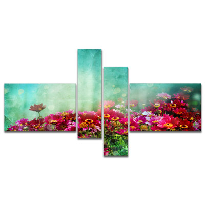 Little Red and Pink Flowers on Blue Graphic Art Print MultiPiece Image on Canvas