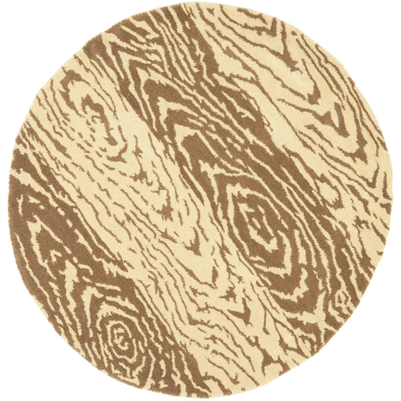 Tapis brun / beige en laine tissé à la main à imprimé animal, Rond 8 pi