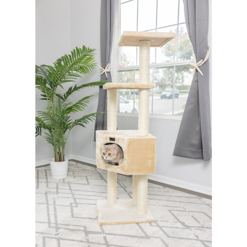 Beige Faux Fur and Sisal 52'' Cat Tree with Condo