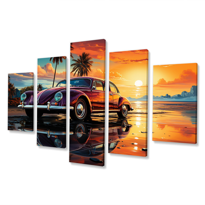 Orange et rose voiture américaine classique sur la plage I - voiture, ensemble d'art mural américain multi-panneaux
