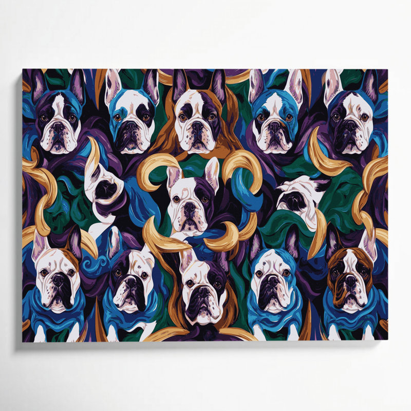 Chiens, bouledogue français, toile mauve, 12" H x 18" W