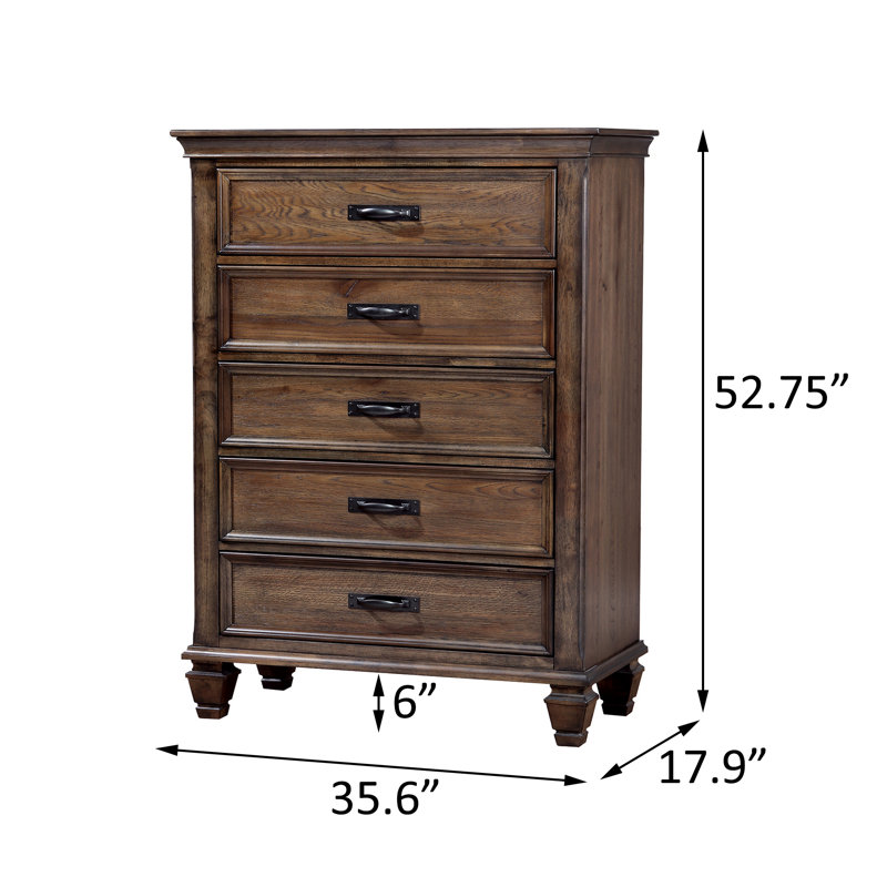 Doonfin Bedroom Set in Beige and Burnished Oak, California King, 5 Pieces: Bed, NightStand, Dresser, Mirror, Chest