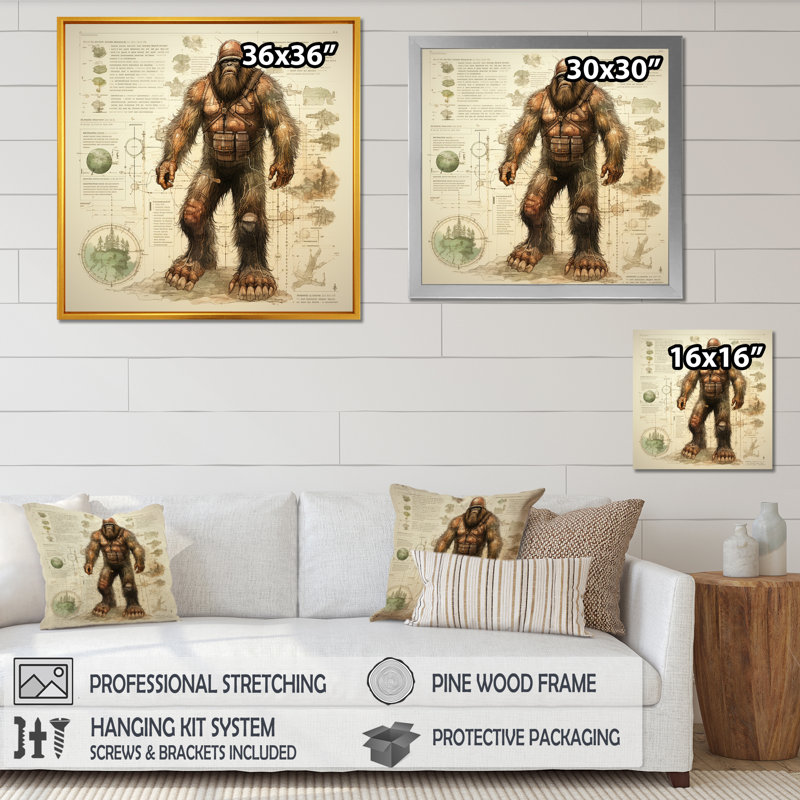 Mystical Bigfoot Blueprint I - Art mural Bigfoot, Toile tendue, H 30 po x l 30 po