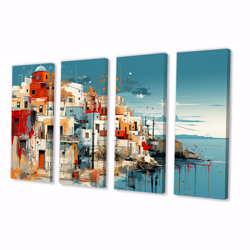 Ensemble de 4 décorations murales colorées Santorini, Grèce I - Santorini, H 28 po x l 48 po