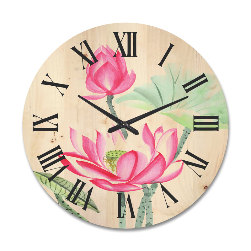 Fleur de lotus rose rétro - horloge murale traditionnelle en bois, Grand