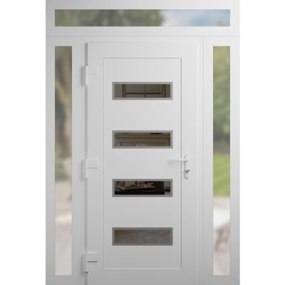 Porte d'entrée extérieure prémontée en PVC-U métal-plastique Manux 8113 Blanc Soie avec imposte et panneau latéral supérieur, pour bureaux, commerces et habitations. Convient aux portes d'entrée, patios et garages. Dimensions : 68 x 94 po (L 16 + 36 + 16 po x H 80 + 14 po). Ouverture à droite vers l'intérieur.