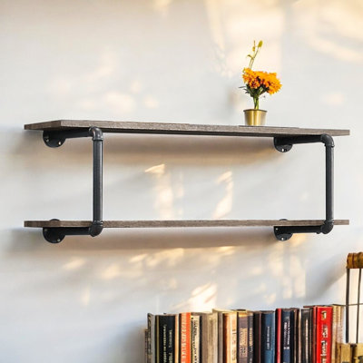 Support mural avec finition - chêne antique et gris sable, 2 tablettes pour optimiser l’espace, tube en métal, attrait pour matériaux mixtes, montage facile, présentoir gris polyvalent pour la décoration intérieure, structure, matériaux,