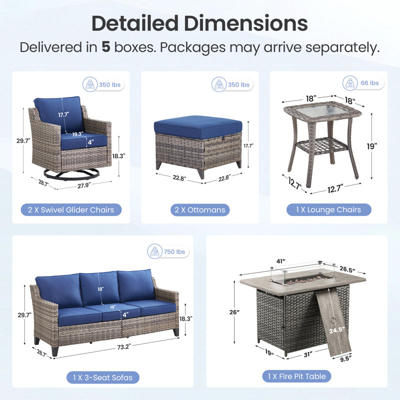 Maelie 7-Piece Outdoor Wicker Patio Fire Pit Conversation Set With Rectangle Fire Pit, Swivel Gliders, Ottomans And Side Table