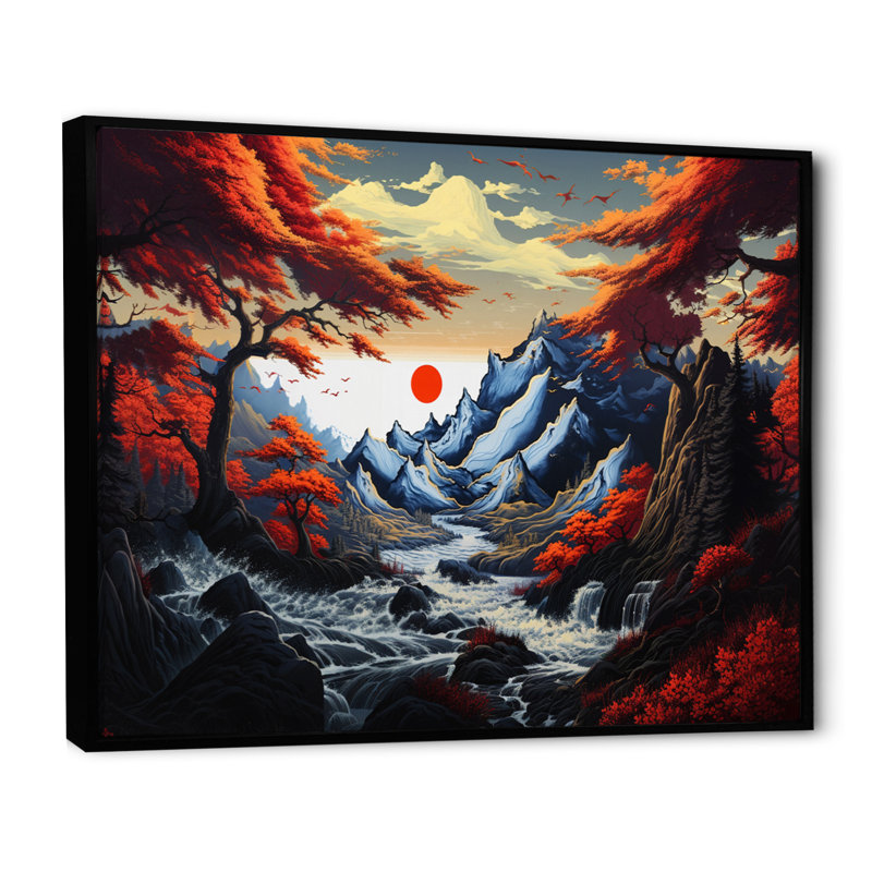 Charmant paysage asiatique sur toile, Cadre flottant noir, 12" H x 20" W