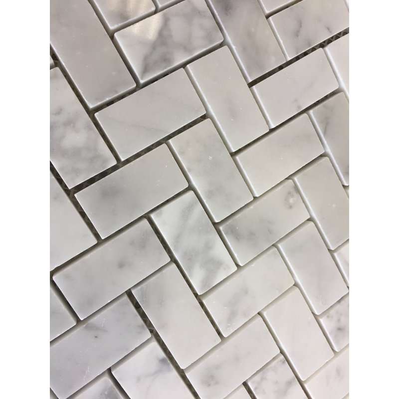 1" x 2" Cararra Herringbone/Chevron Mosaic Wall & Floor Tile, White Carrara Polished