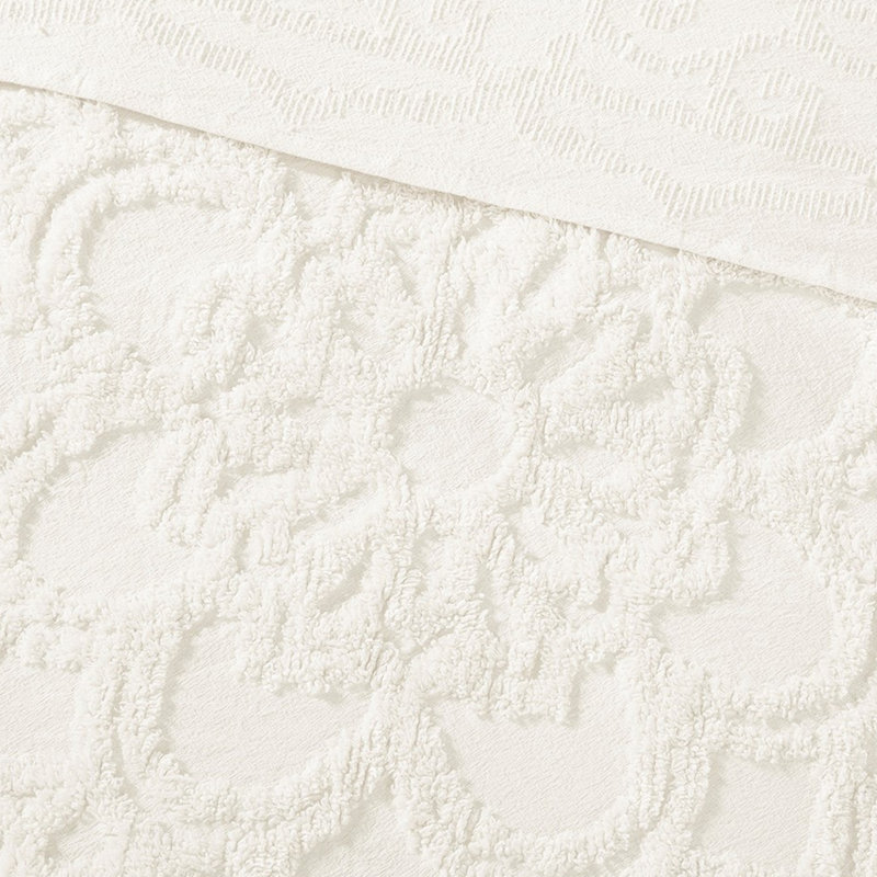 Couvre-lit à médaillon en coton chenille, Couvre-lit très grand + 2 taies, Géométrique beige