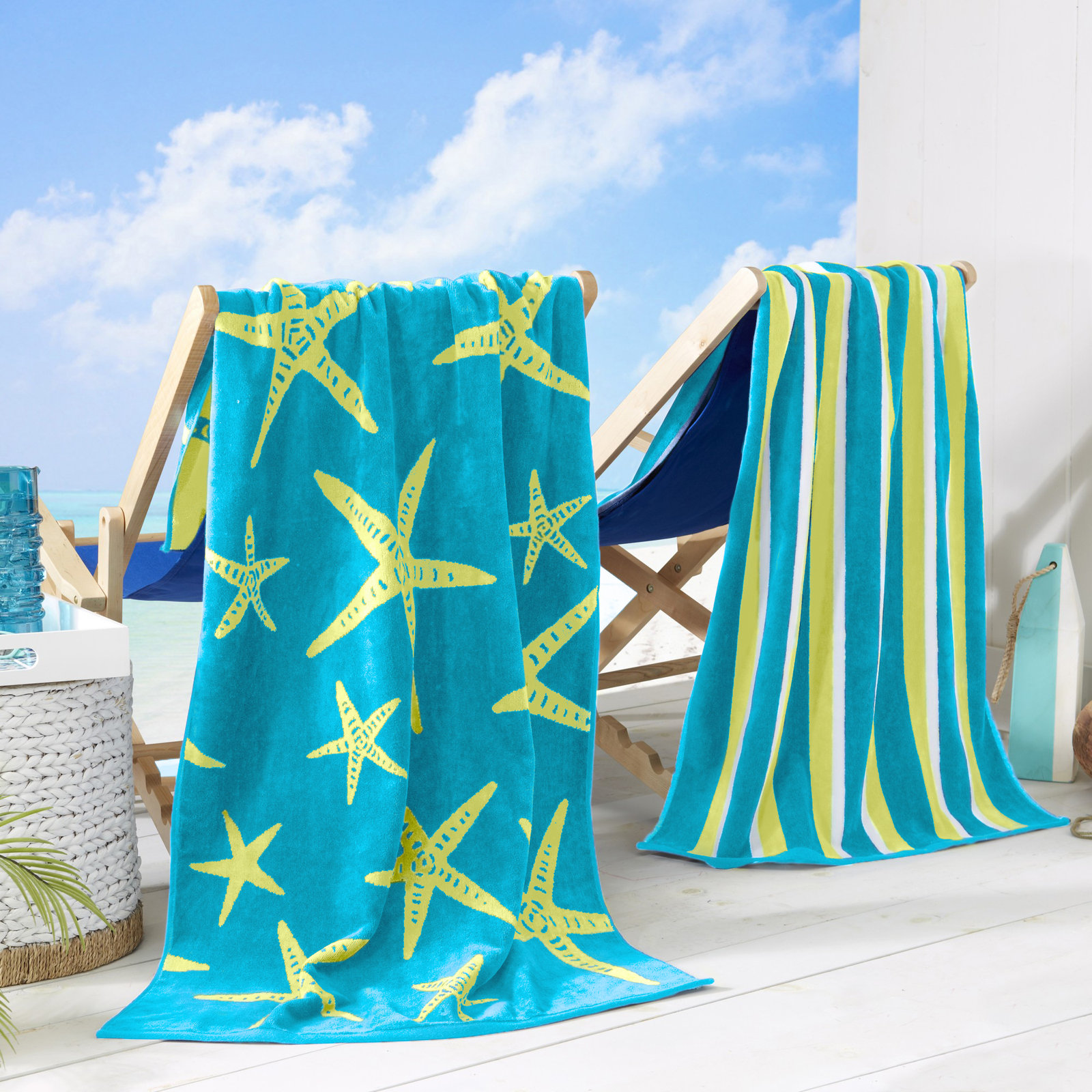 2-Piece Jacquard Cotton Beach Towel Set, Blue/Yellow Starfish & Stripe