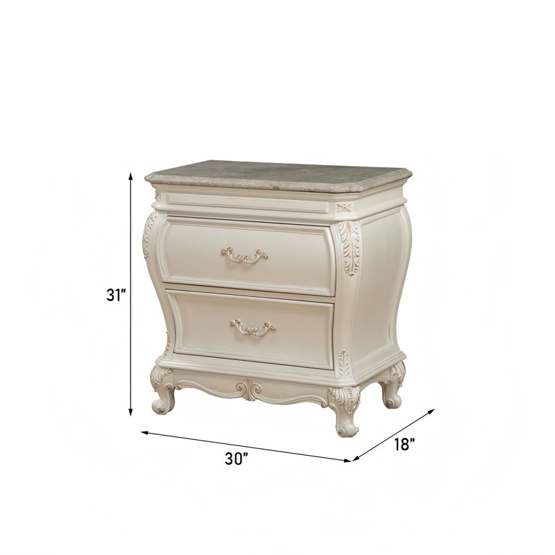 Table de chevet en bois massif blanc perle avec plateau en marbre, deux tiroirs