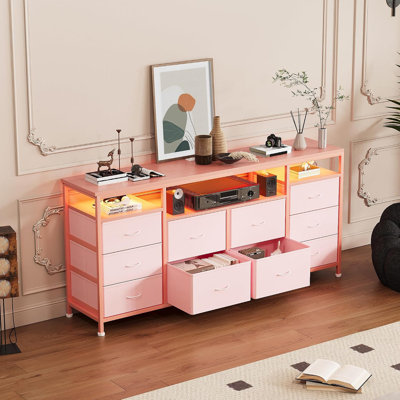 63" Fabric Dresser TV Stand, 10 Drawers, LED Lights, Charging Ports, Pink