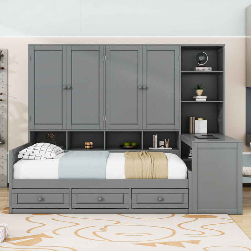 Lit de jour en bois avec 2 tiroirs, armoire et tablettes, Gris, Lit simple