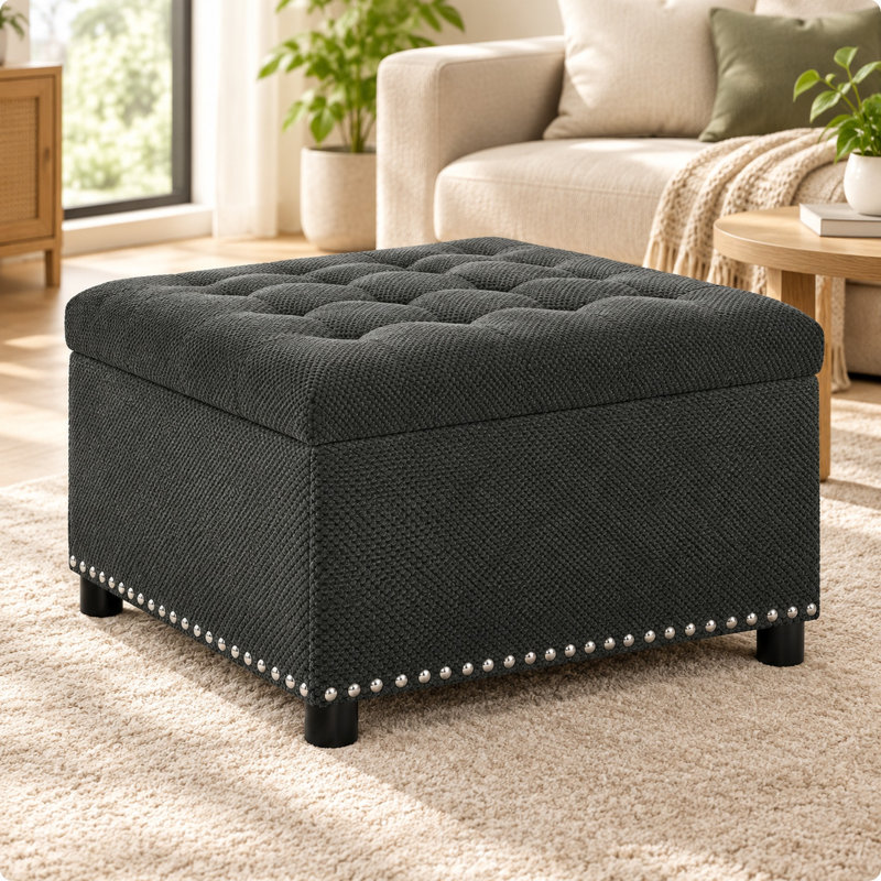 Square Storage Ottoman, Dark Grey Polyester Upholstered Footstool with Nailhead Trim, Solid Wood Frame & Plastic Legs for Small Spaces