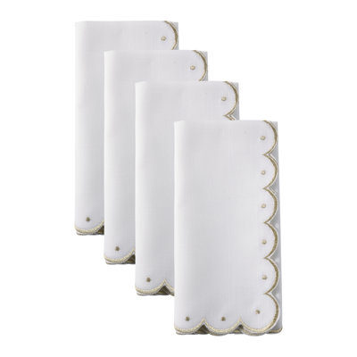 Scalloped Edge Cloth Napkins (Set of 4) - Elegant Embroidered Dinner Napkins for Formal Dining & Entertaining