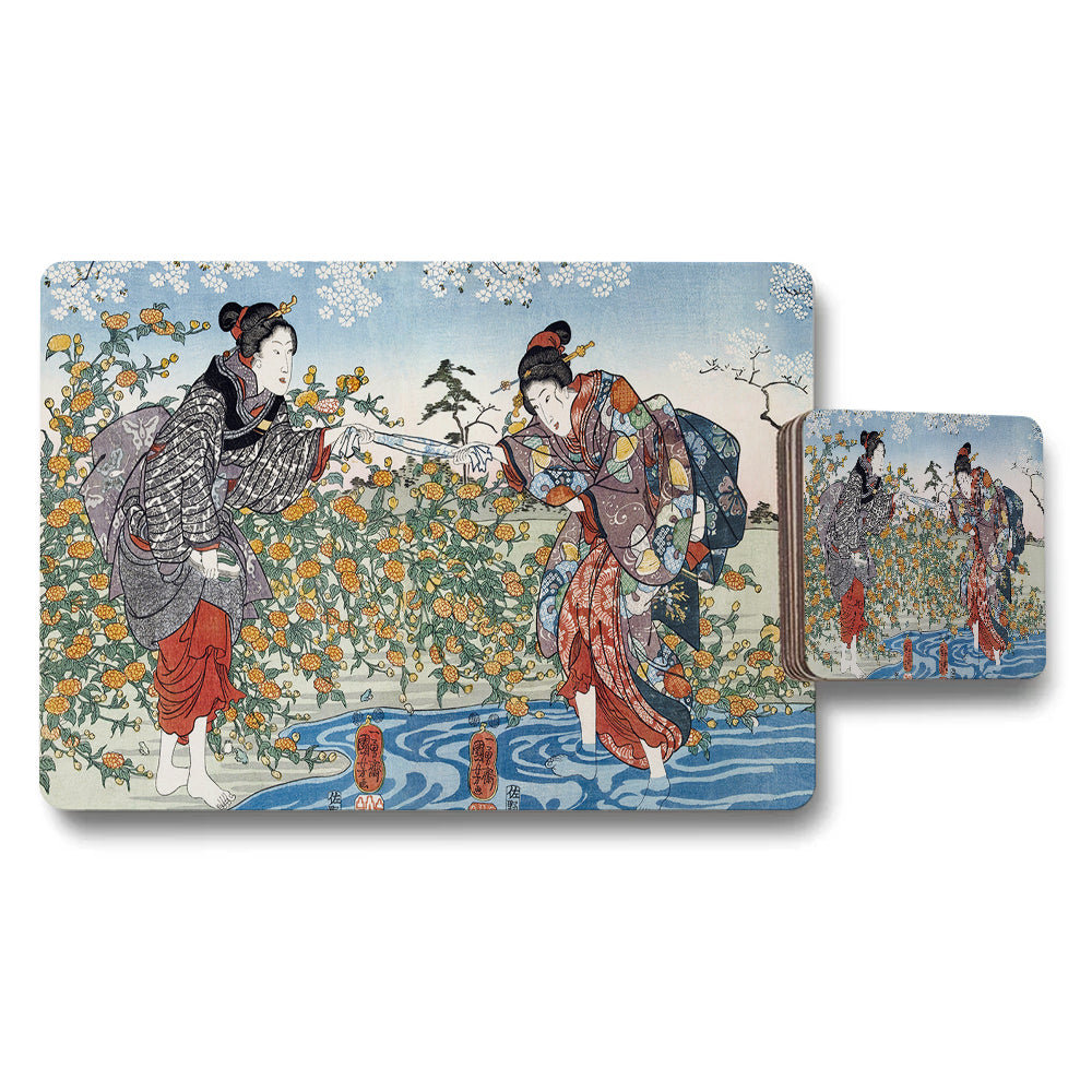 Japanese Ukiyoe Placemat Coaster Set With Floral Scene