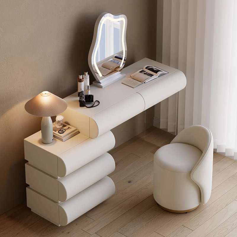 Modern White PU Leather Vanity Set with LED Mirror and Stool