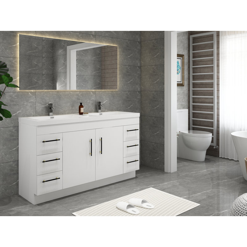 Carliss 60'' Double Bathroom Vanity with Acrylic Top, Glossy White, Black