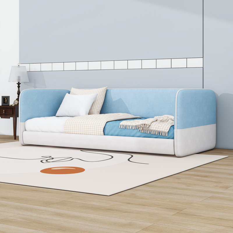 Twin Upholstered Floor Bed with Armrests, Blue