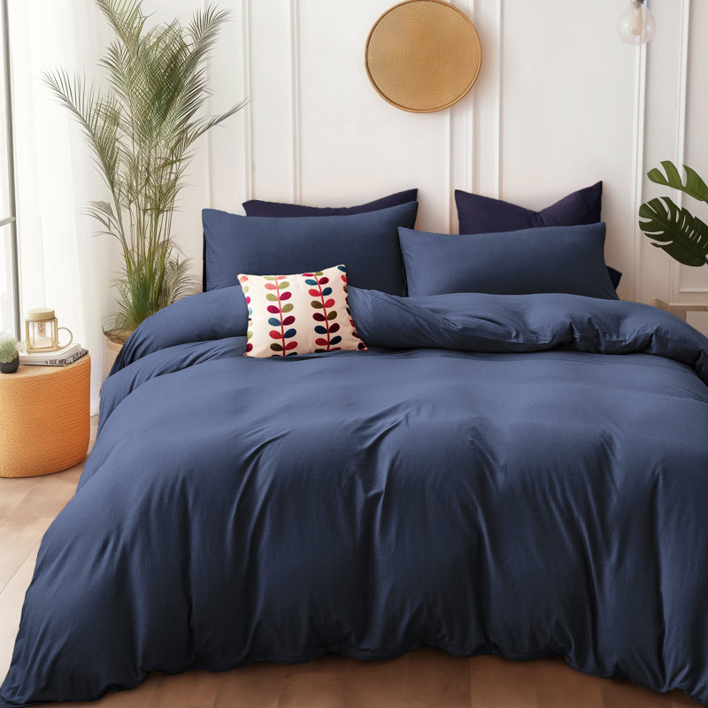 HOME BEDDING Jersey Cotton Duvet Cover Set, Queen Duvet Cover + 2 Standard Shams, Navy Blue