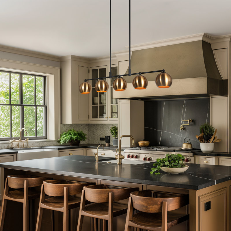 Lateefah-A 38.5" W 5 - Light Modern Kitchen Island Linear Black/Brass Pendant Light 