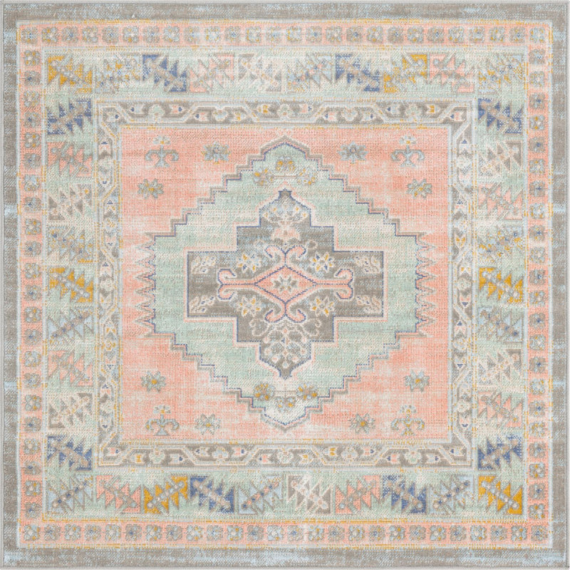 Tapis traditionnel Matthei couleur pêche, Carré 5 pi 3 po