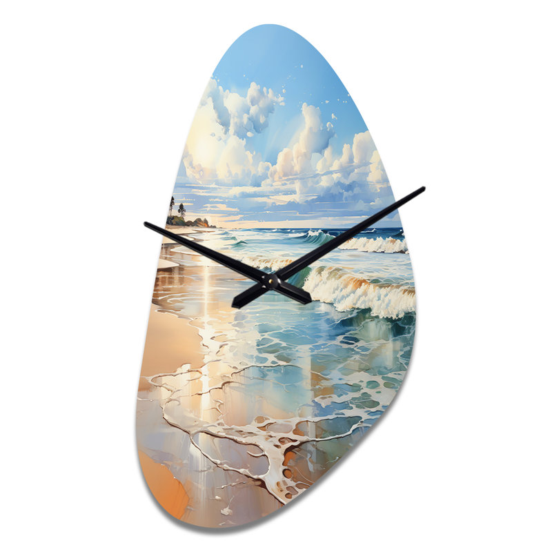Beach Photo Seaside Reflections V - Horloge murale en forme de plage unique en métal, imprimé horloge asymétrique bleu sarcelle