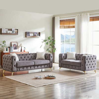 Ensemble de canapé en velours luxueux et confortable de style Chesterfield moderne, idéal pour le salon et le bureau