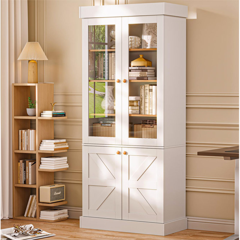 71''H Glass Door Storage Bookcase with Adjustable Shelves and Large Drawers White, White