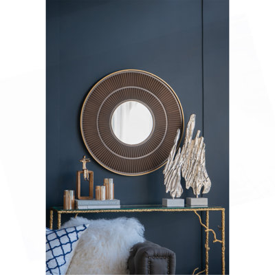 Miroir rond en bois 31,5 x 1 x 31,5 po avec cadre en fer doré, couleur neutre, décoration murale pour espace de vie, salle de bain, décoration murale d'entrée