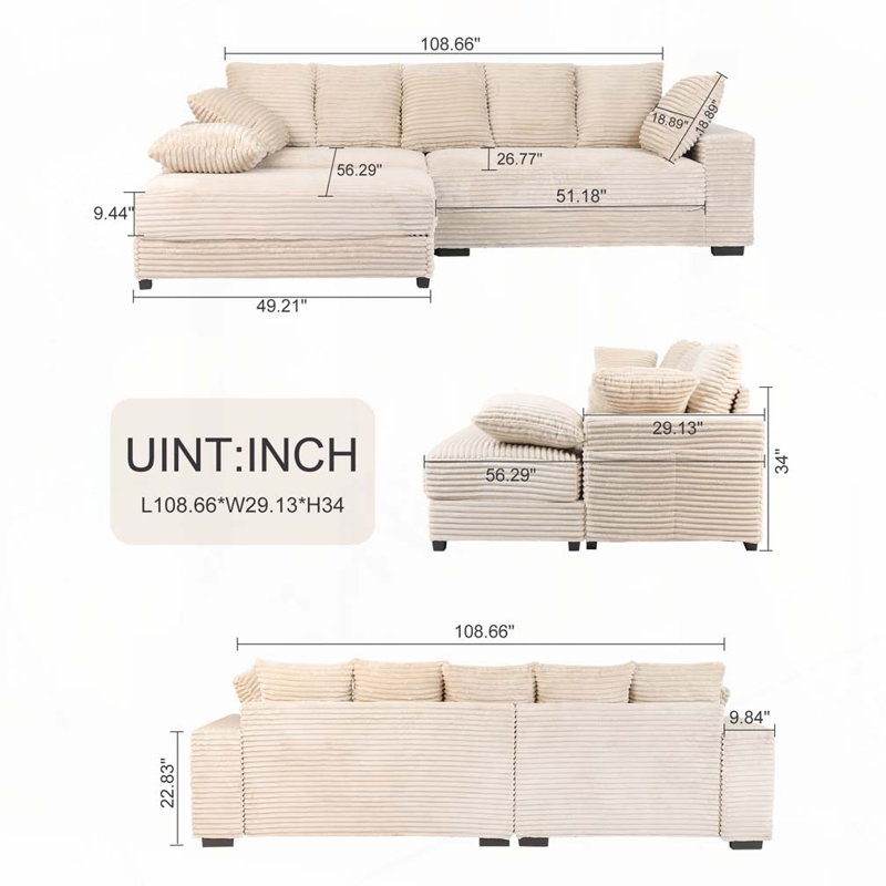 Canapé modulaire en velours côtelé 108,6 po avec repose-pieds, Beige