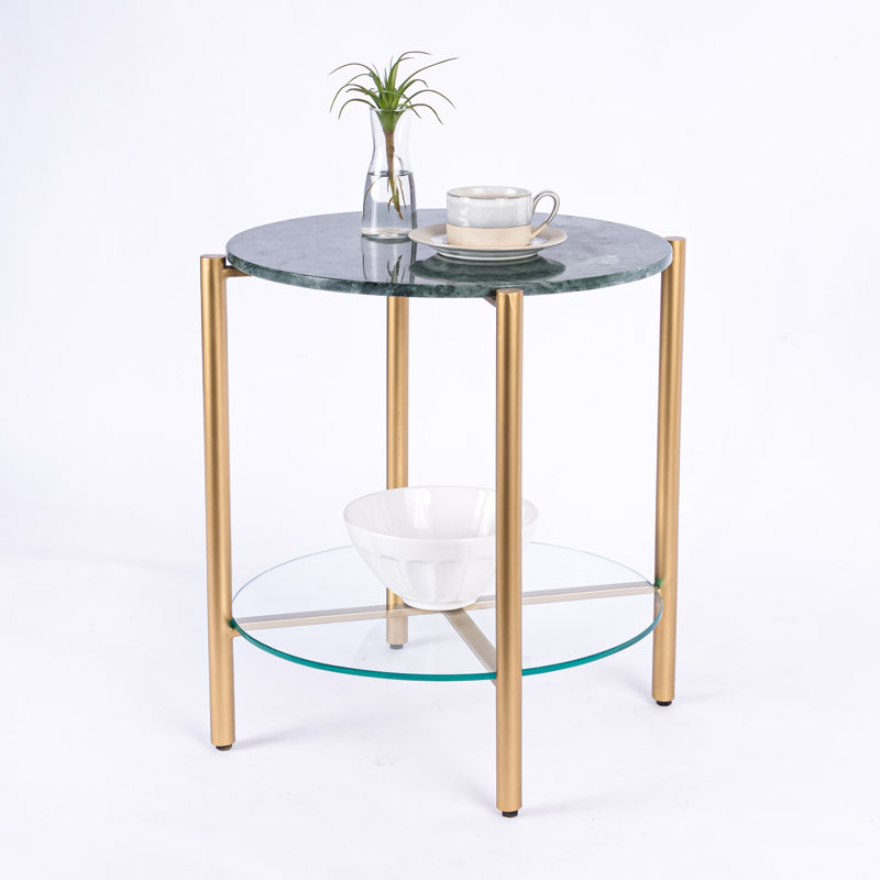 Table de bout avec rangement en marbre et verre Ansted, Or, Vert