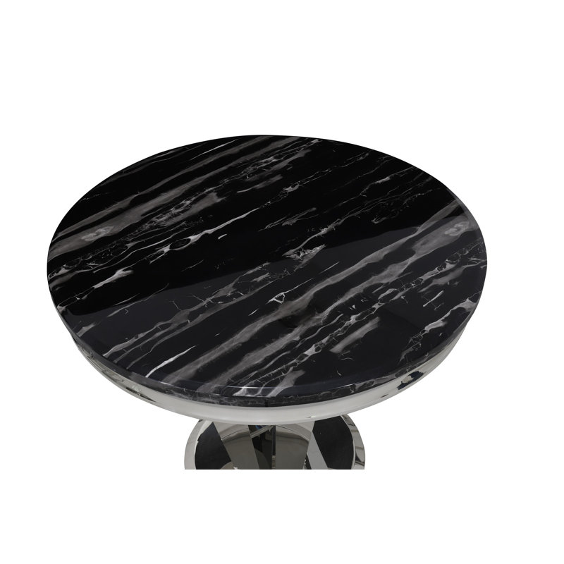 Tattnall Round Faux Marble Top Metal Base Dining Table, Black, 76" H x 130" W x 130" L