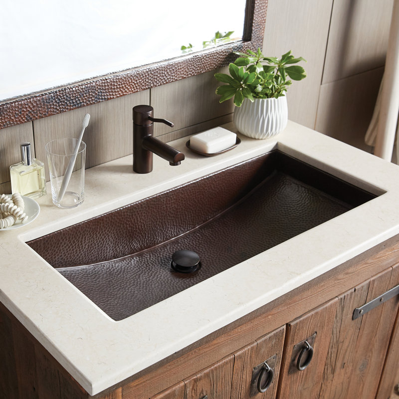 Trough Copper Hand Hammered Rectangular Undermount Bathroom Sink, Antique