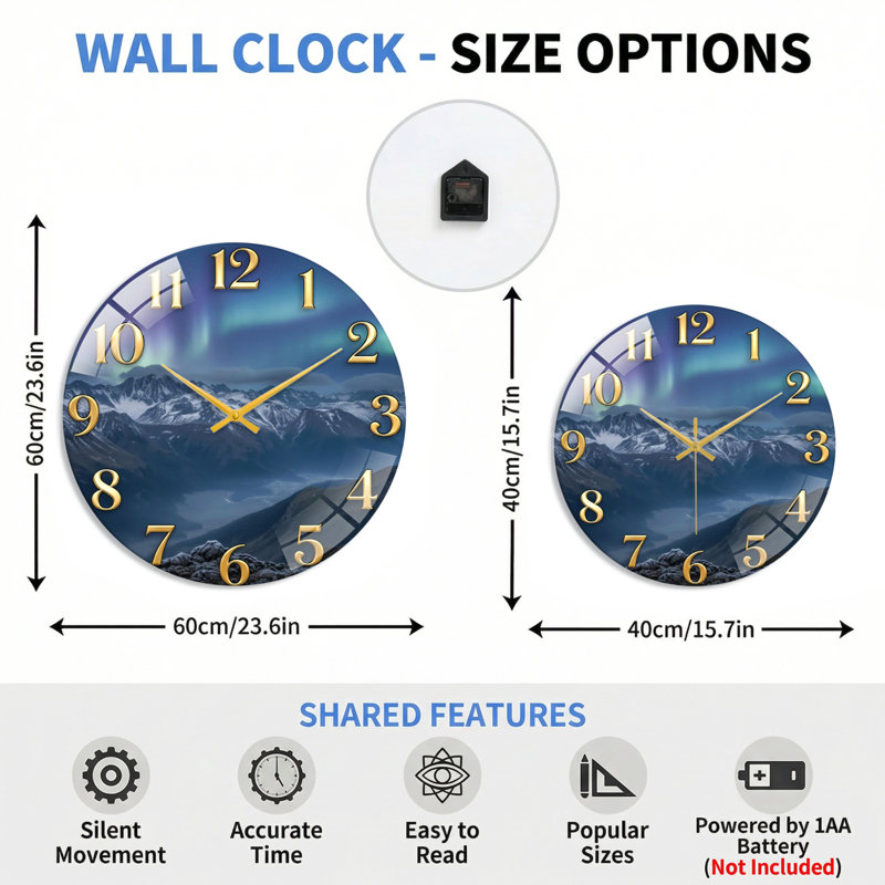 Horloge murale en verre Mountain, 60 x 60 cm (23,6 x 23,6 pouces)