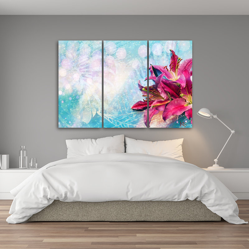 Pink Flowers On A Blue Background - 3 Piece No Frame Set on Canvas