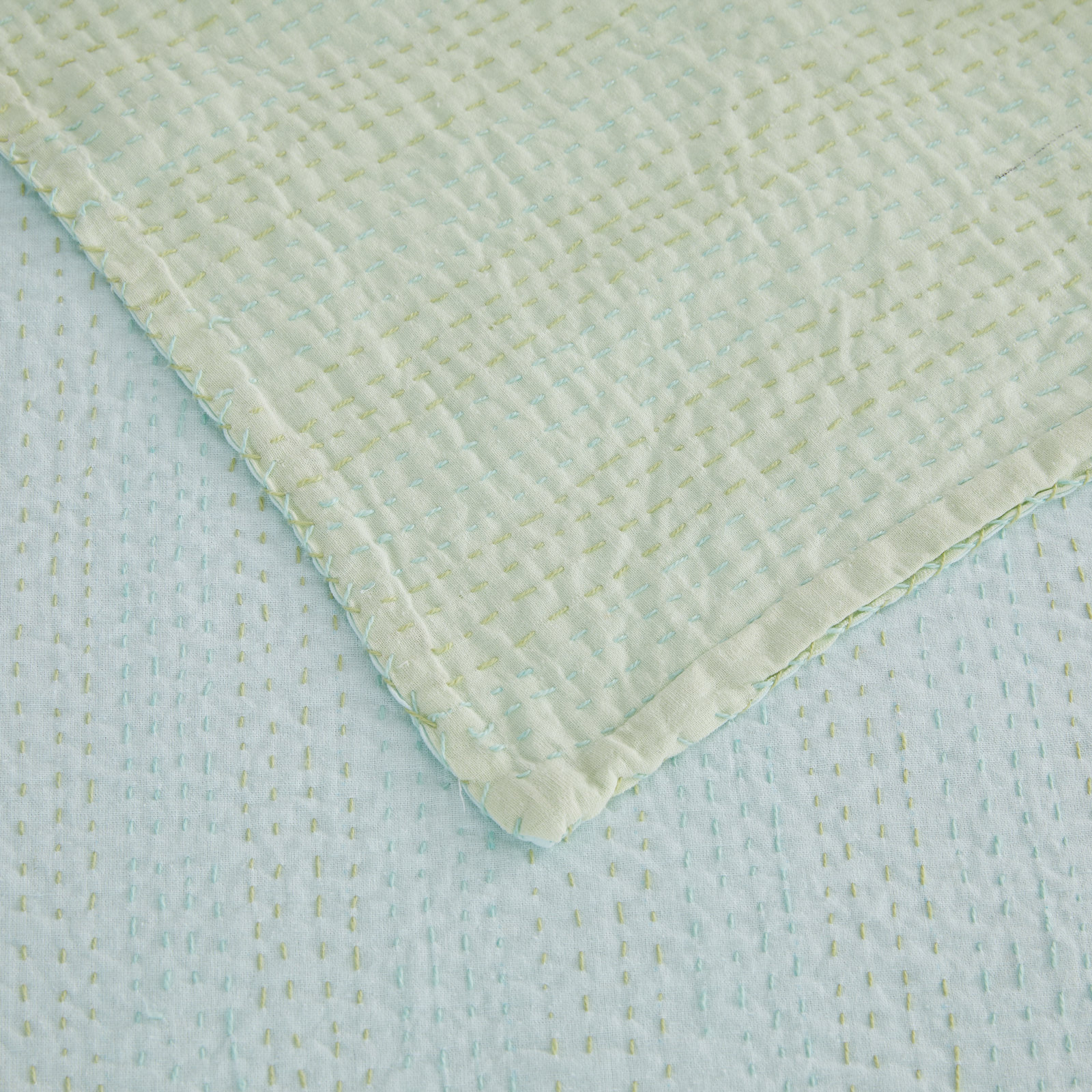 Soild Kantha Cotton Coverlet Set, Queen Coverlet, Teal