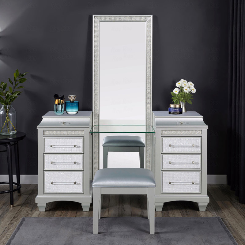 Vanity W/ Stool Set Acrylic Handles Felt Lined Top Drawers Ball Bearing Glides With Power Outlet Led On Mirror Gray Finish